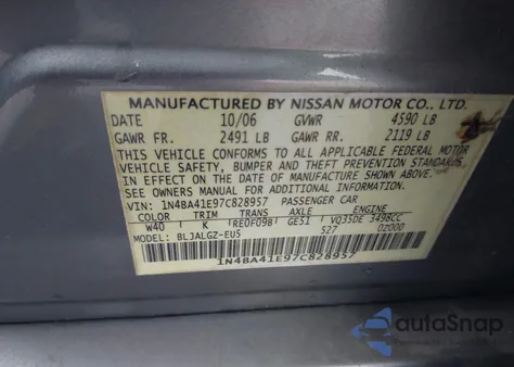 2007 Nissan Maxima 3.5 Sl z USA, uszkodzony, nr VIN 1N4BA41E97C828957